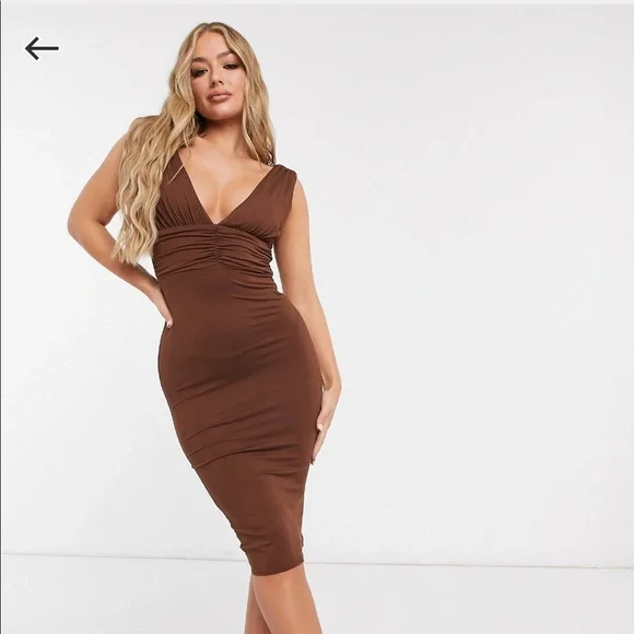 asos brown dresses Rent Asos Design Square Neck Knitted Midi Dress In Textured Yarn In Brown